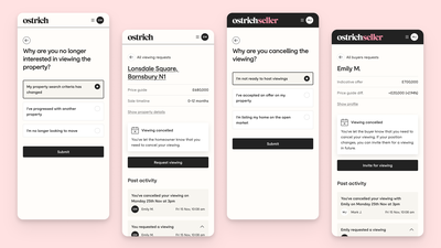 The cancellation reason screens for buyers and sellers shown side by side, with different reason options.