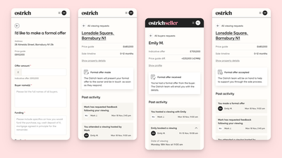 The formal offer form, status views for both sides, and the acceptance card naming the Ostrich team.